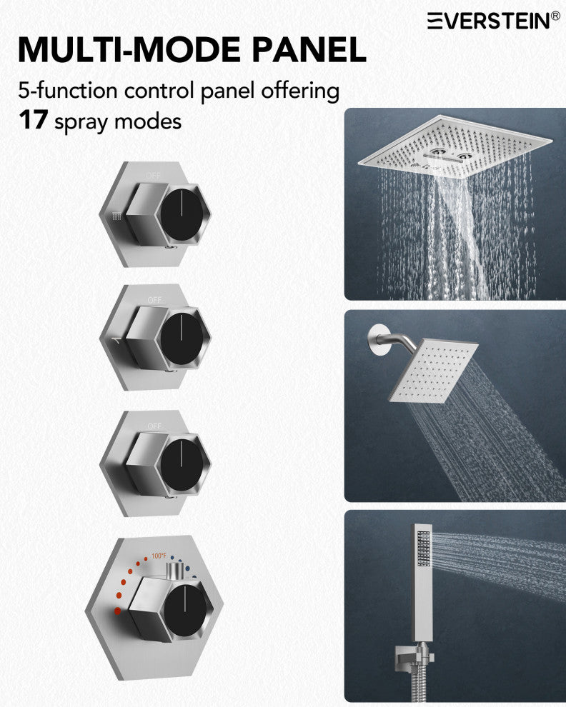 Music Shower System 16x6"Rainfall LED Shower Head With4 Way Thermostatic Faucet, Brushed Nickel