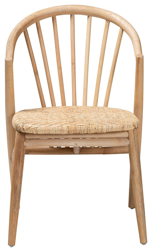 Mid-Century Modern Natural Brown Finished Wood and Rattan Dining Chair