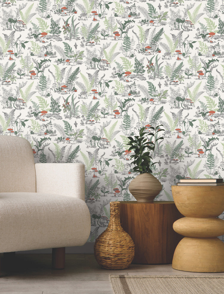 Mushroom Garden Toile Red and Green Wallpaper