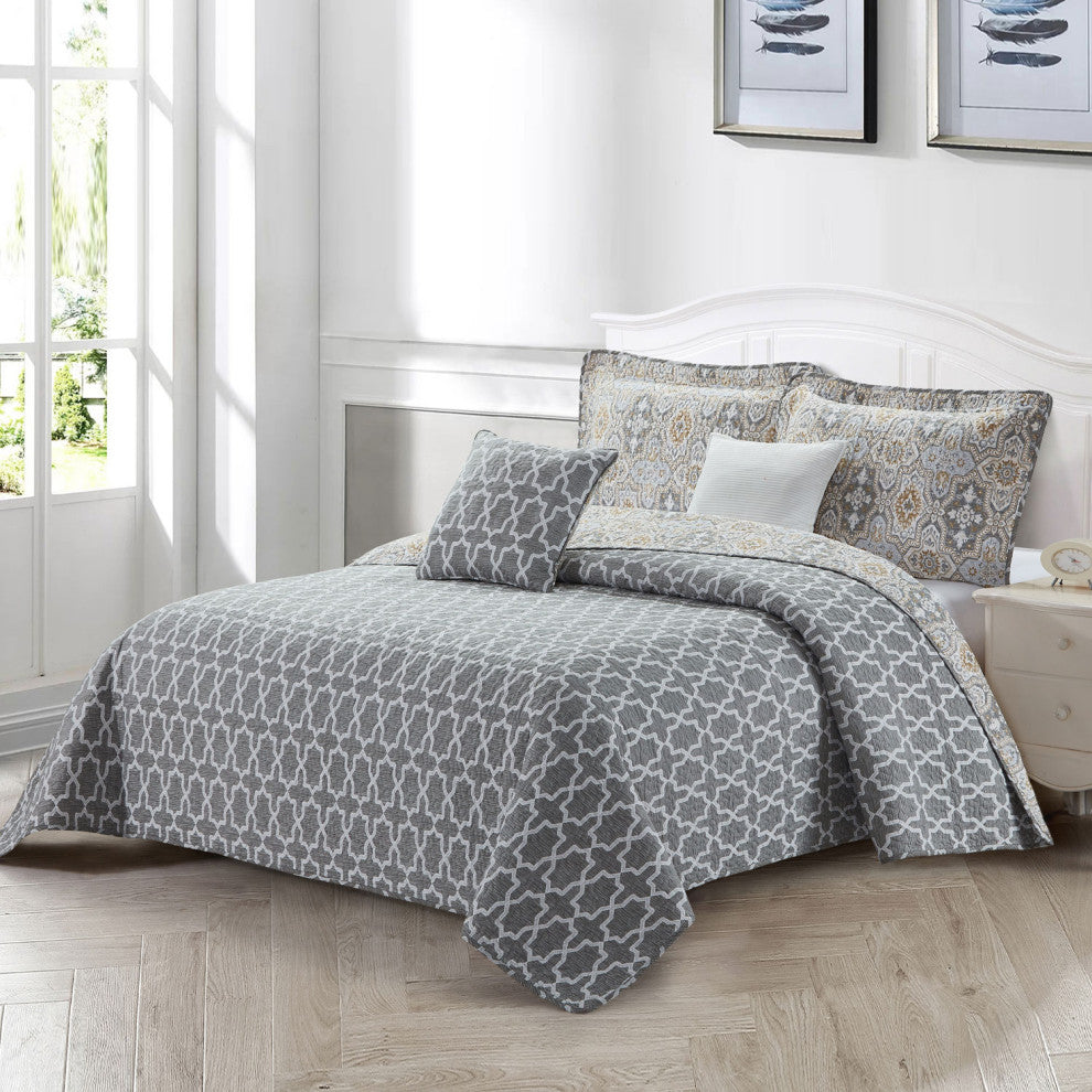 Lanza Printed Microfiber Quilt Coverlet Set, Grey, Over-Sized King, 122"x106"