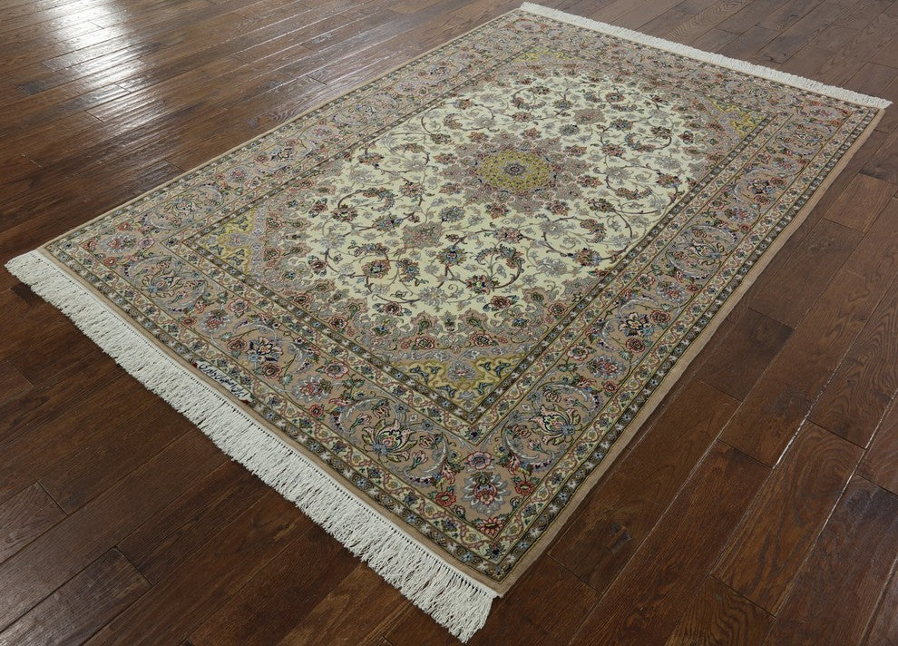 Signed Authentic Persian Isfahan Handmade Wool and Silk Rug, 5'x8'