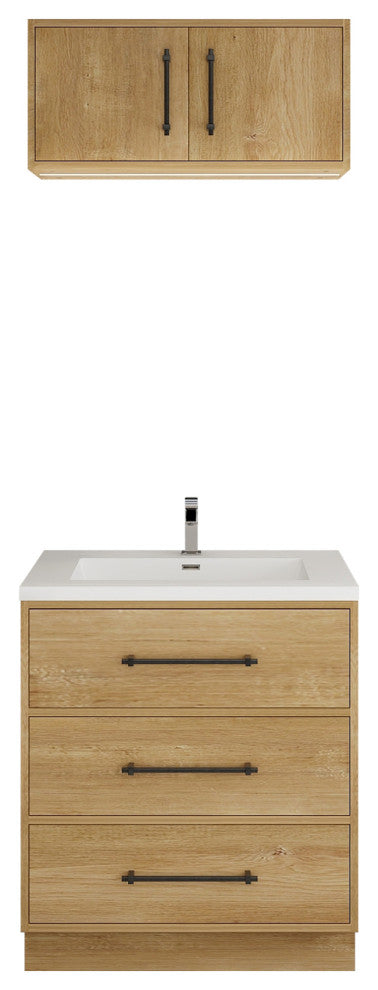 Victoria 30" Solid Wood Bath Vanity, Overhead Cabinet, Oak
