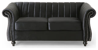 Bauman Modern Glam Channel Stitch Loveseat with Nailhead Trim, Black and Dark Brown, Velvet