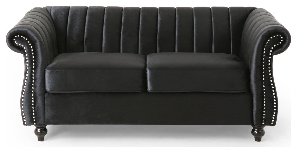 Bauman Modern Glam Channel Stitch Loveseat with Nailhead Trim, Black and Dark Brown, Velvet