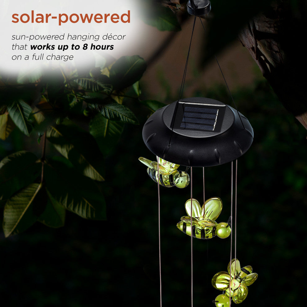 Alpine Solar Bee Wind Chime With White LED Light, 27"