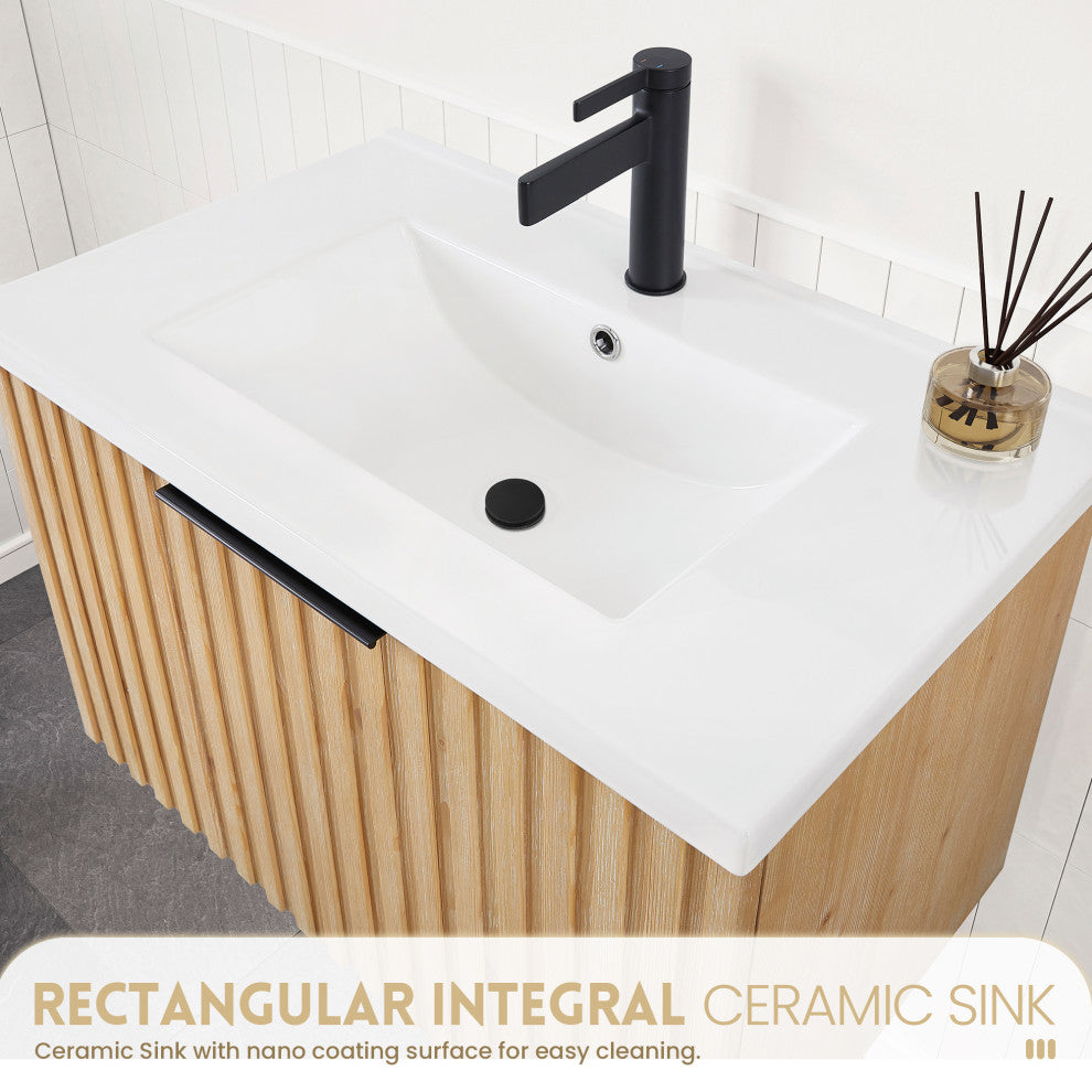 Manila Floating Vanity with Ceramic Basin Top without Mirror, Washed Ash Grey, 24", Single Vanity