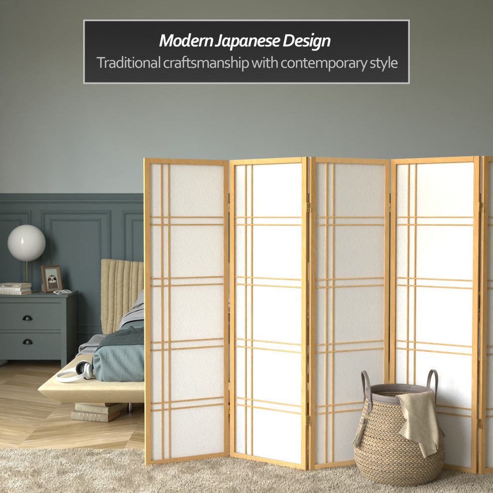 5' Tall Double Cross Shoji Screen, Natural, 6 Panels