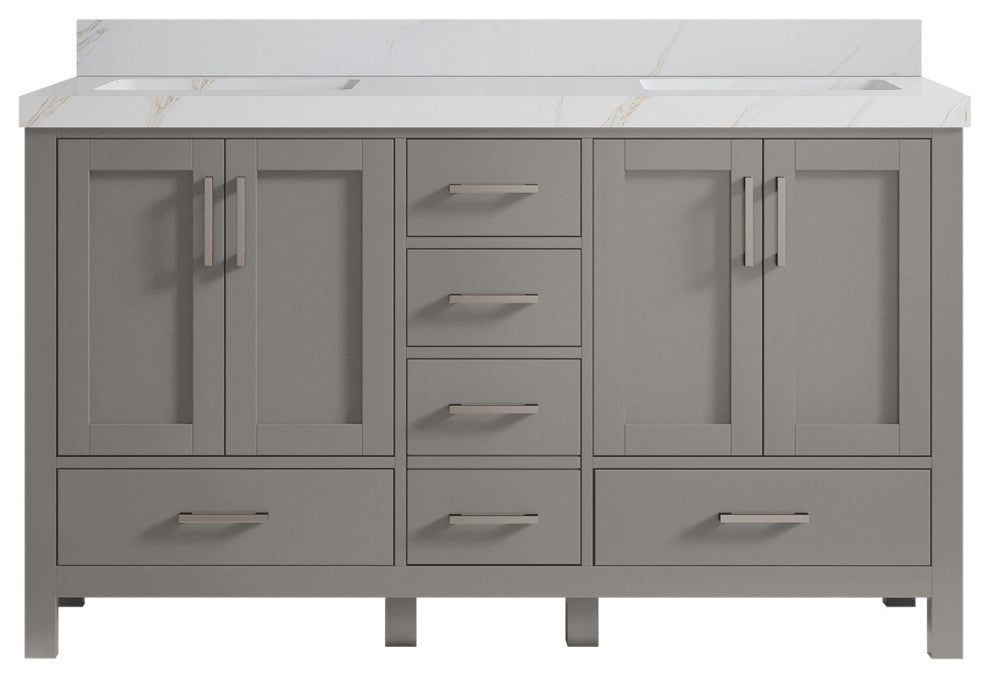 Malibu 60 Double Sink Bathroom Vanity in Elephant Skin Gray 2" Calacatta Sienna