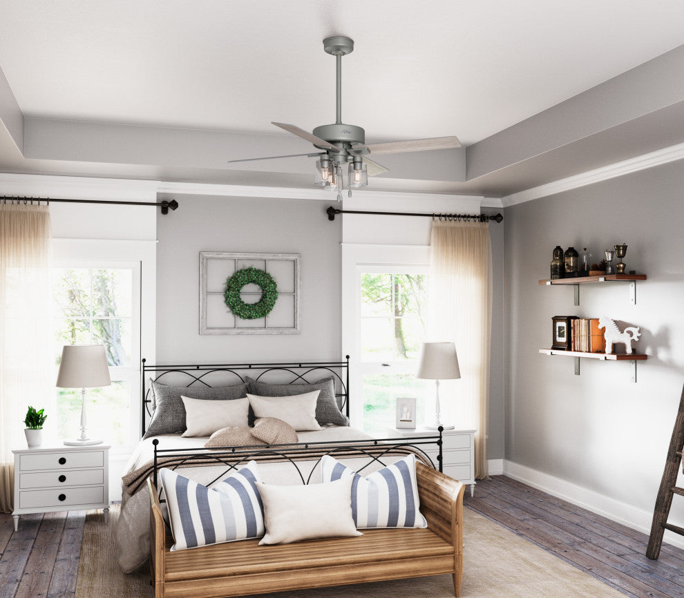 Hunter 52" Pelston Ceiling Fan, Matte Silver With LED Light and Pull Chain