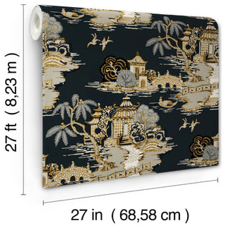 Pagoda And Sampan Scenic Black Wallpaper
