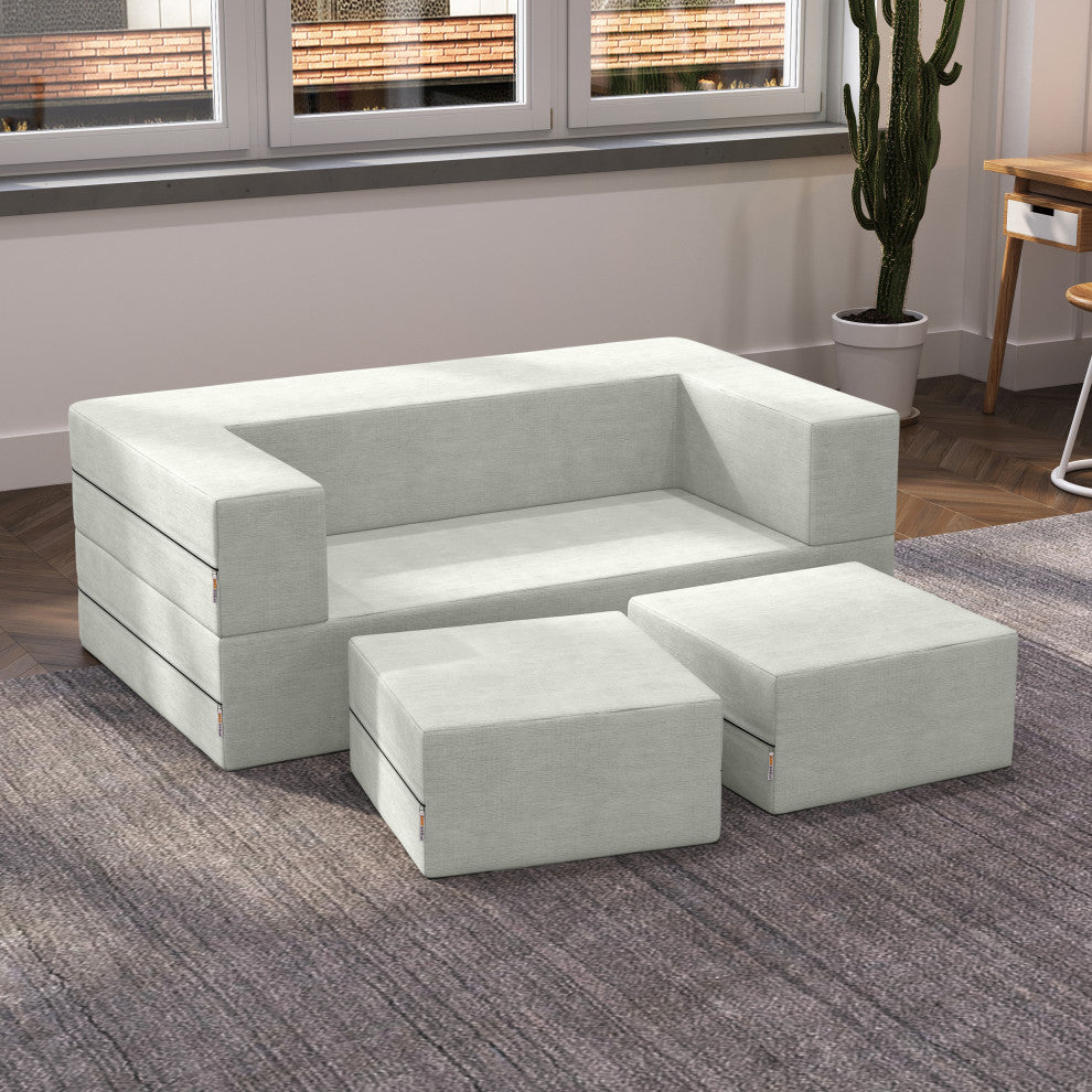Jaxx Zipline Convertible Sleeper Loveseat & Ottomans, Microvelvet - Ice