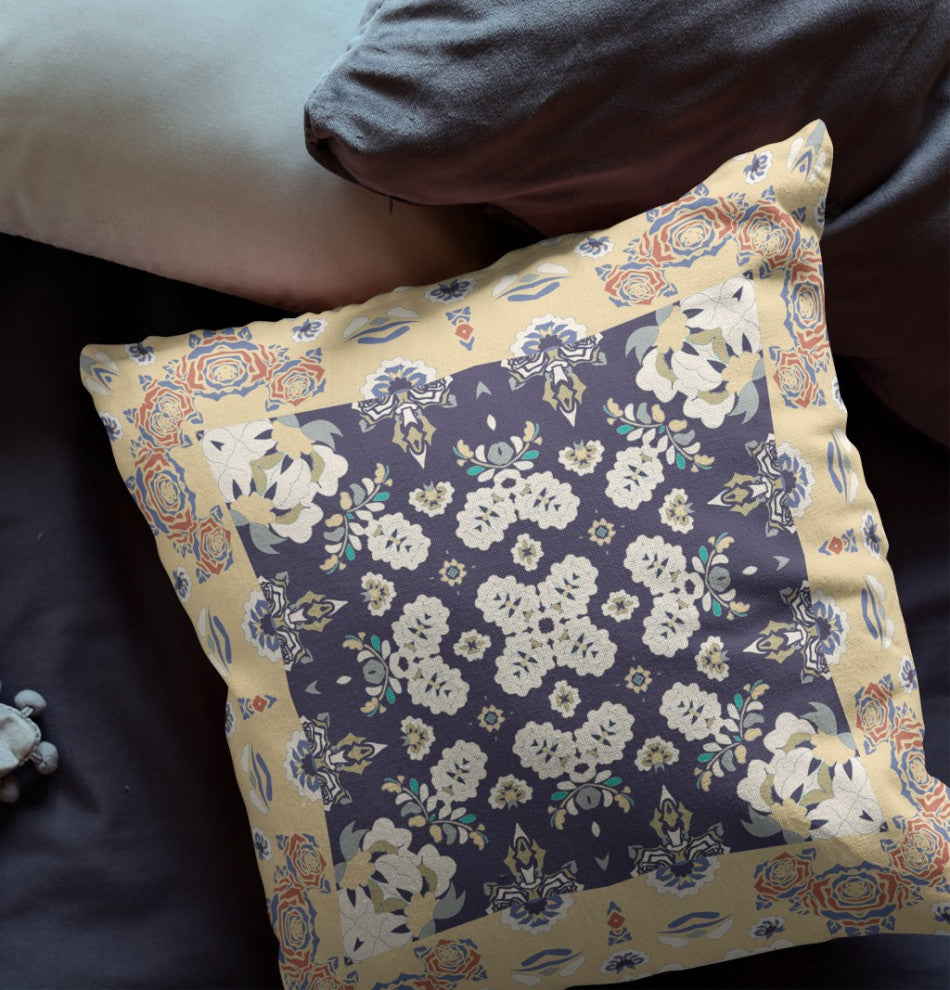 18" Yellow Navy Rose Box Indoor Outdoor Zippered Throw Pillow