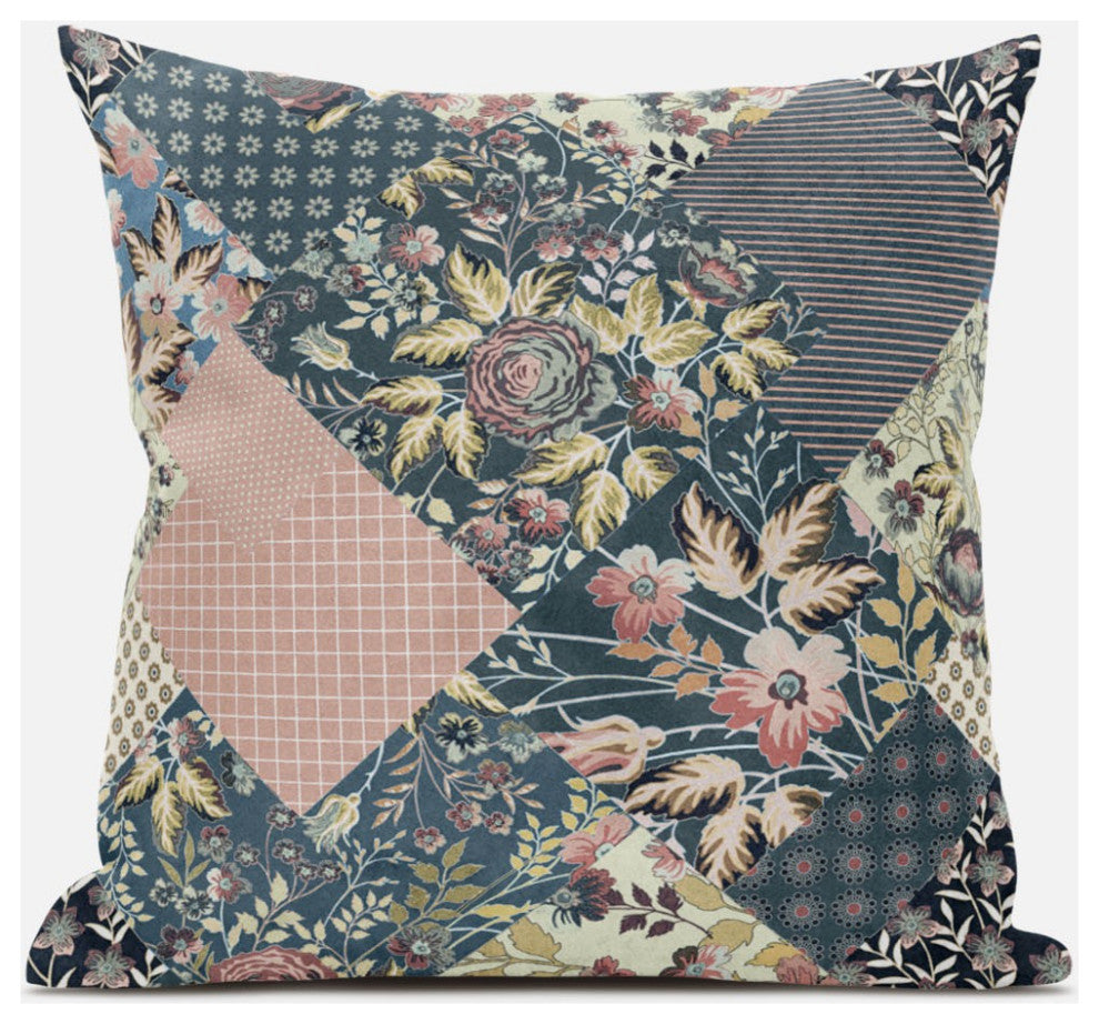 20" Green Peach Floral Zippered Suede Throw Pillow