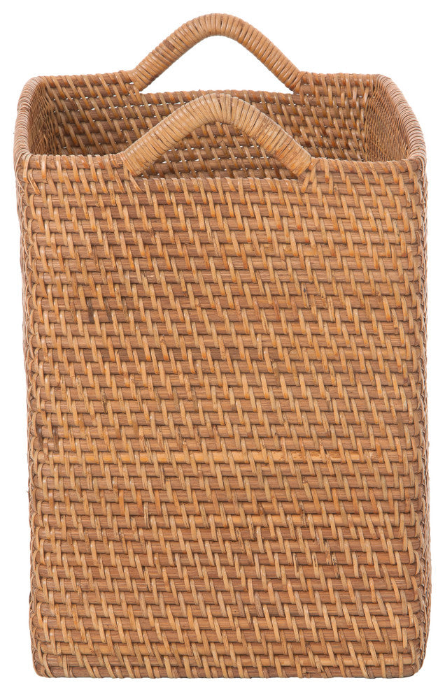Loma Rectangular Tall Decorative Rattan Storage Basket with Ear Handles, Small, Honey Brown