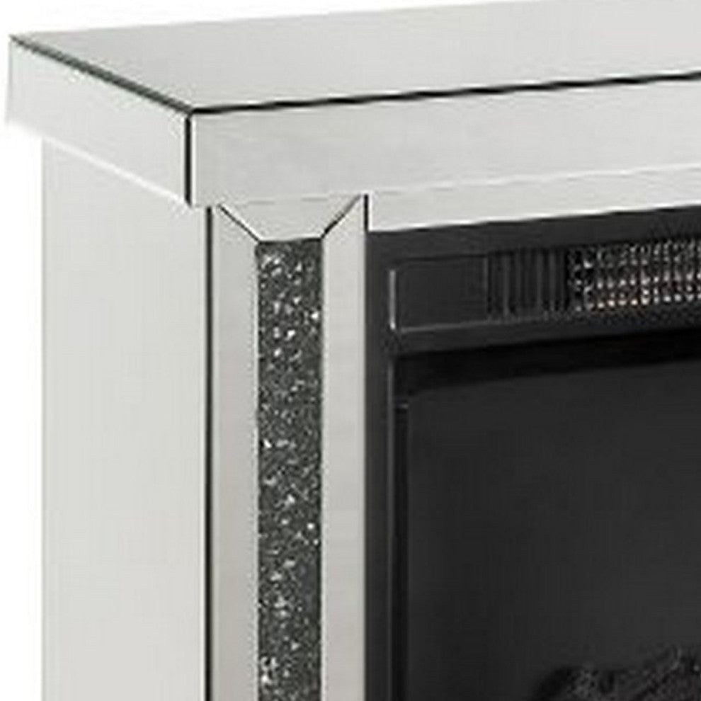 Benzara BM251370 Electric Fireplace With Mirror Panel & Faux Diamonds, Silver