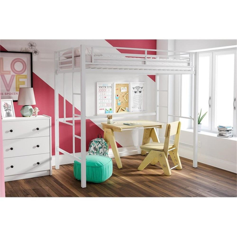 Pemberly Row Modern / Contemporary Twin Metal Loft Bed in Off White