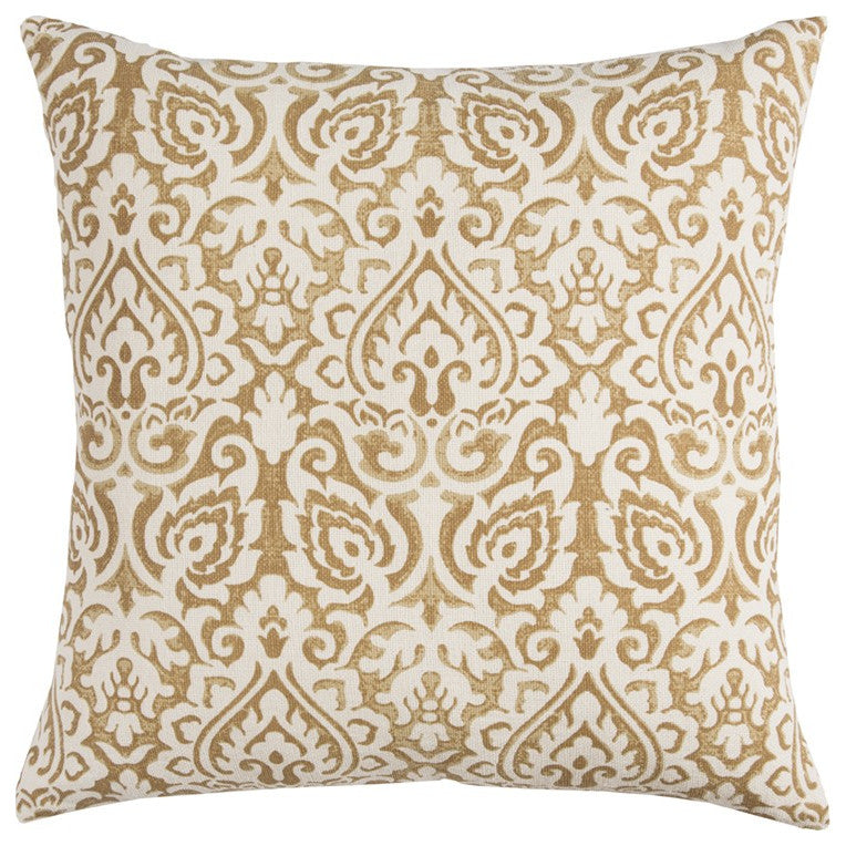 Gold White Distressed Damask Throw Pillow
