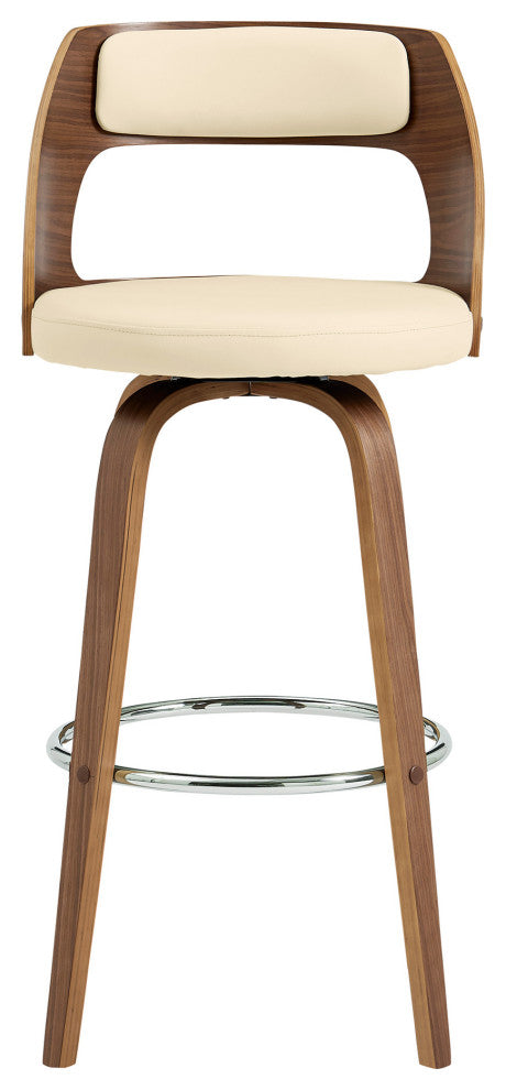 26" Retro Mod Cream Faux Leather and Walnut Swivel Counter Stool
