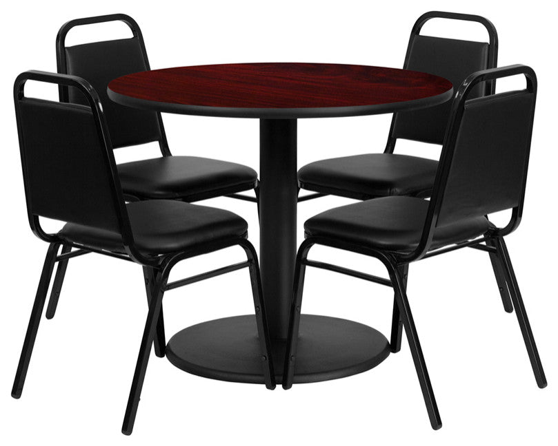 36'' Round Black Laminate Table Set W/4 Black Trapezoidal Back Banquet Chairs