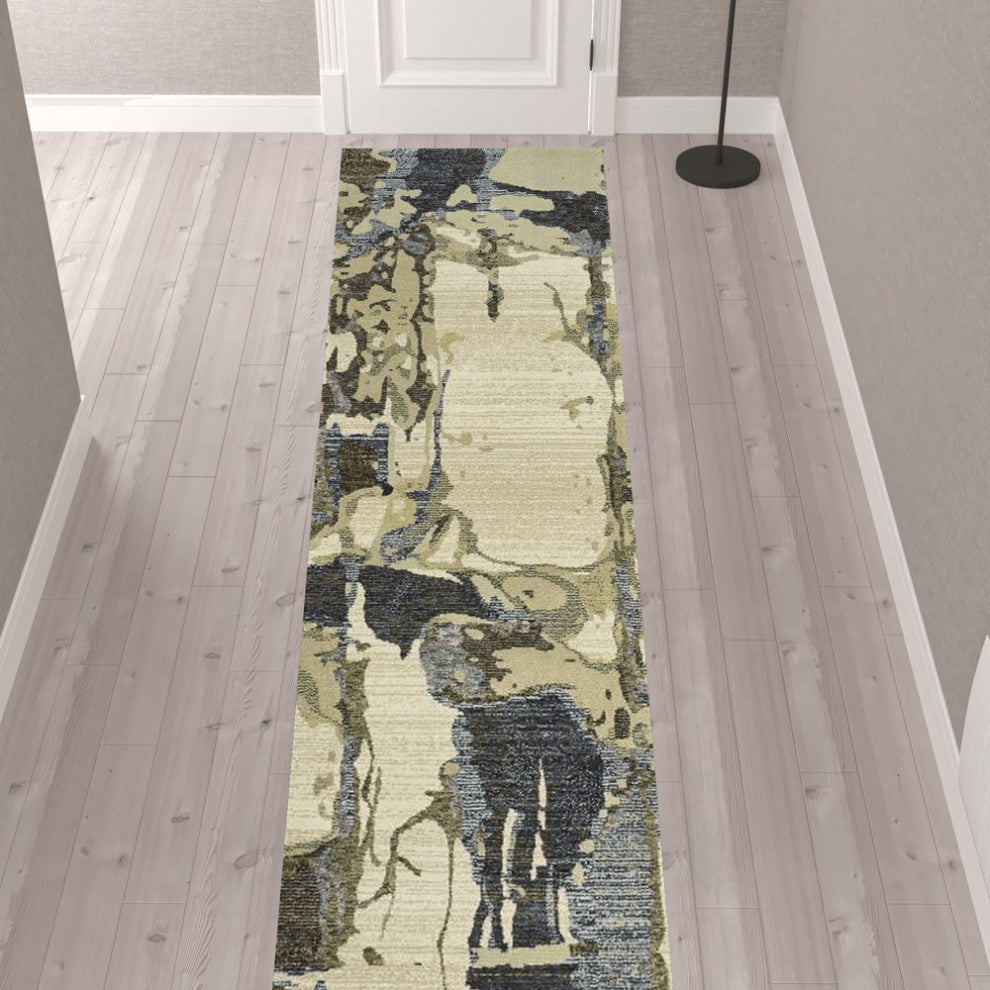 12' Runner Blue and Grey Abstract Power Loom Runner Rug
