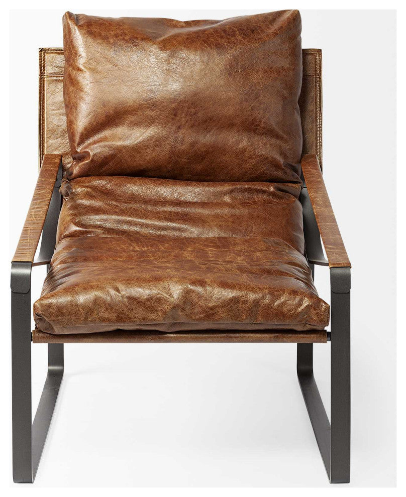 35" Brown and Black Leather Distressed Lounge Chair