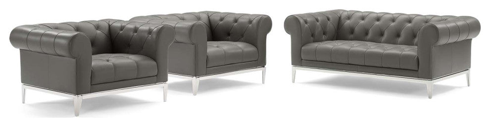 Tufted Armchair and Loveseat Sofa Set, Leather, Gray, Modern, Lounge