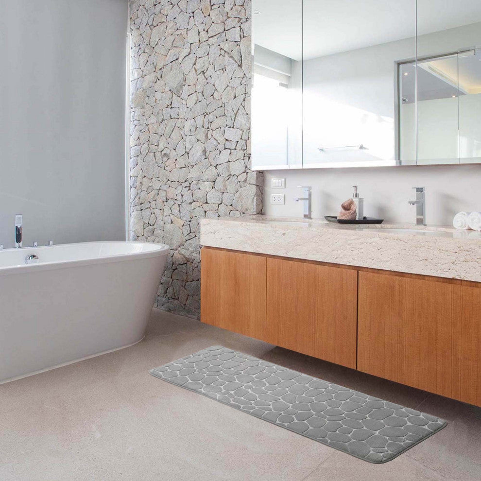 Bath Rug Memory Foam Mat 3D Pebble, Light Gray, Runner Mat 48"
