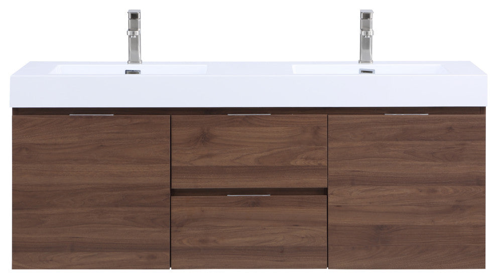 Stufurhome Valeria 59 in. Wall Mounted Bathroom Vanity without Mirror, Walnut, D