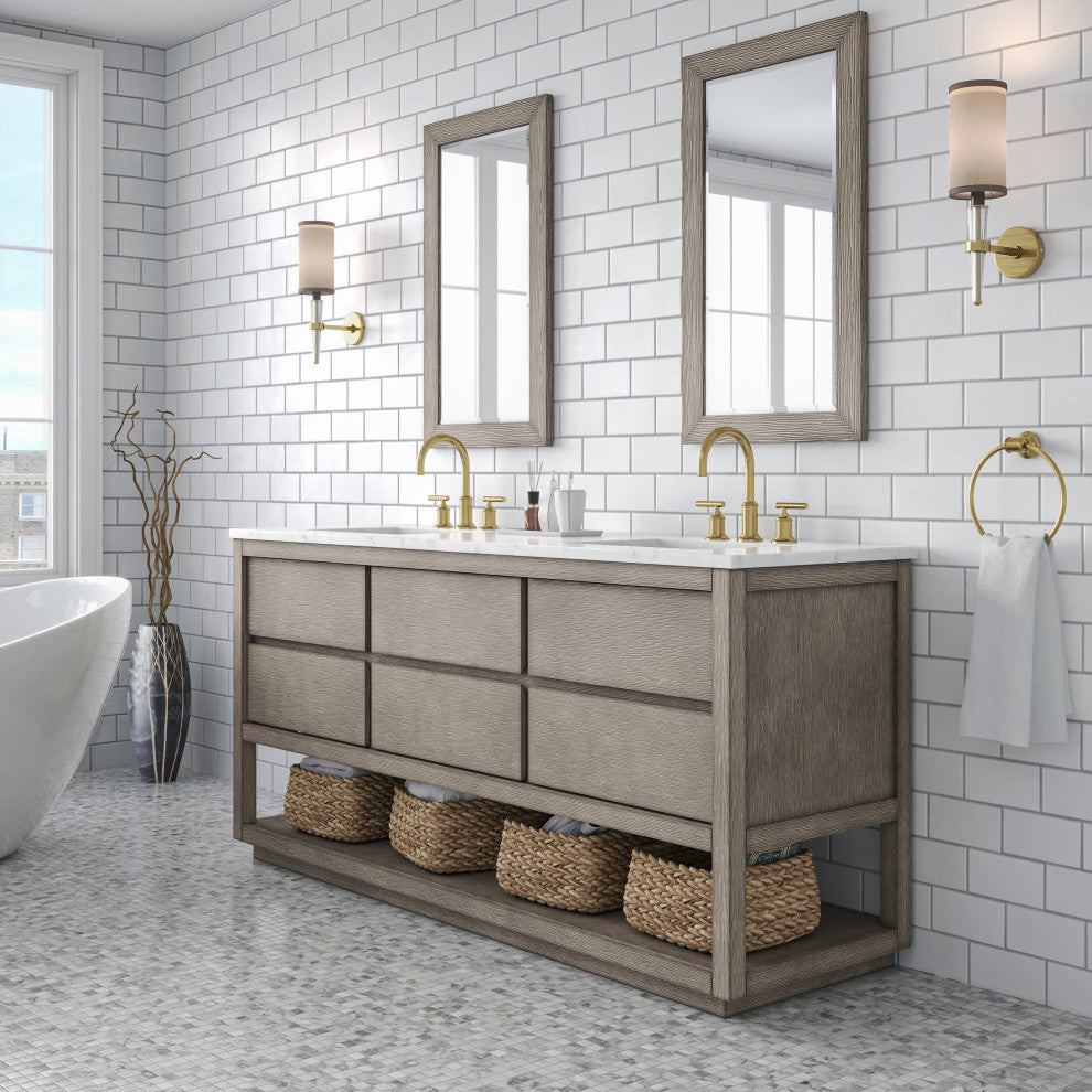 Oakman Marble Top Vanity in Grey Oak with Faucet, 72", Vanity With Satin Gold Faucet