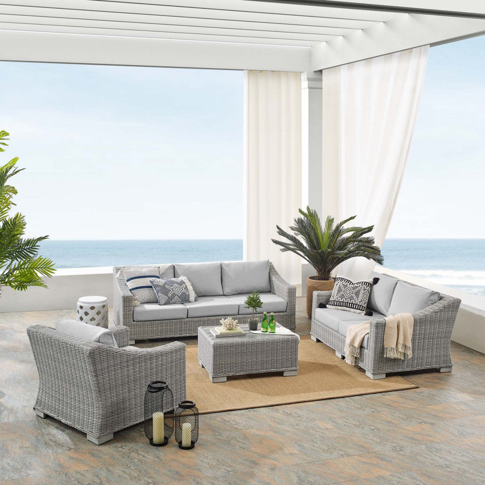 Lounge Sofa Chair Table Set, Rattan, Wicker, Gray, Modern, Outdoor Patio