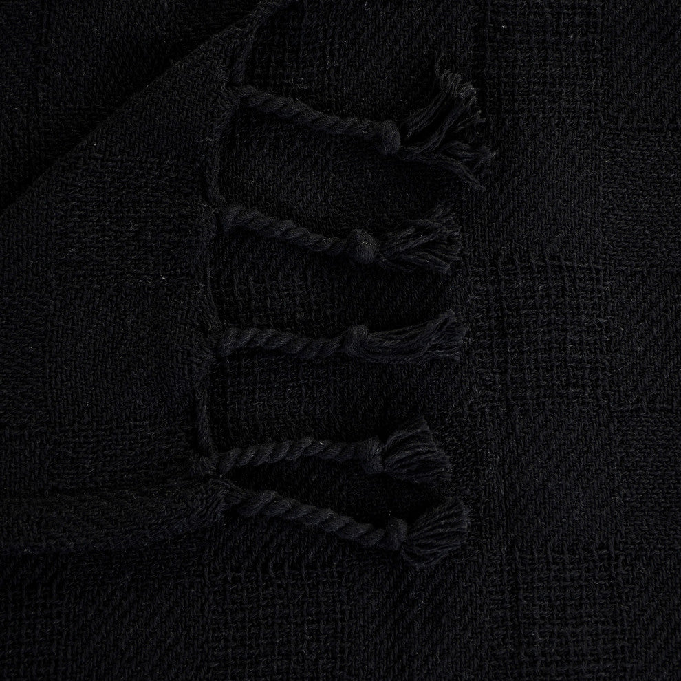Checkered Weave Throw Blanket with Fringe, Jet Black