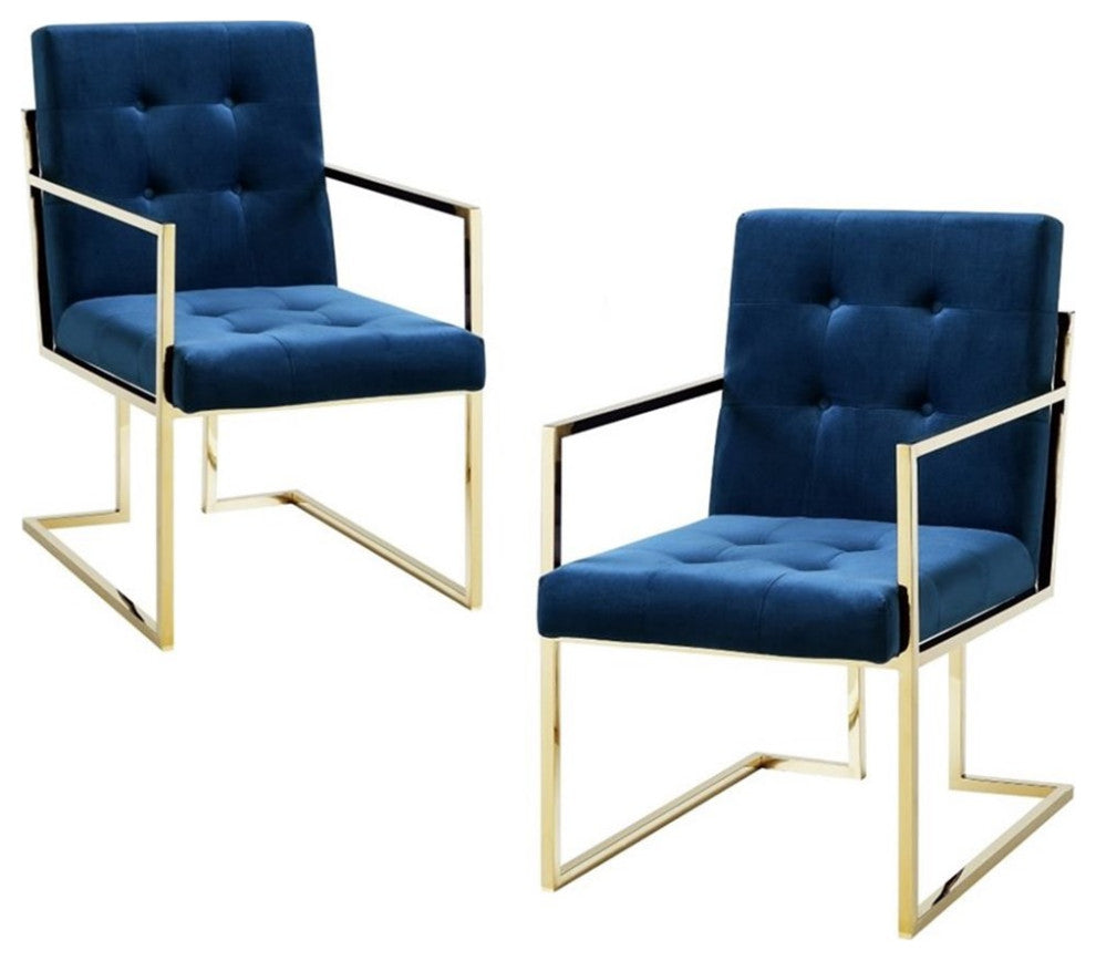 Maklaine Button Tufted Velvet Dining Chair Navy Blue/Gold (Set of 2)