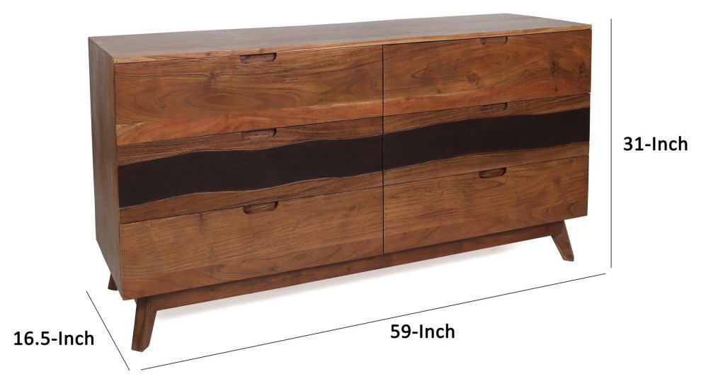 Benzara BM285077 Long Dresser, Acacia Wood, 6 Spacious Drawers, Brown Finish