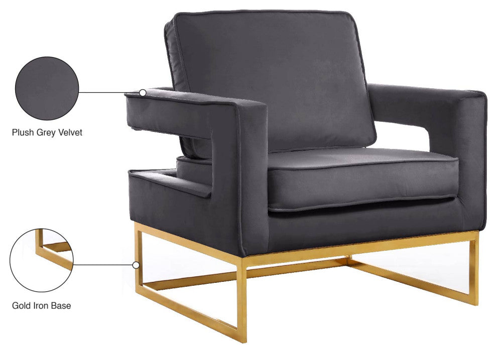 Noah Velvet Upholstered Accent Chair, Gray, Gold Base