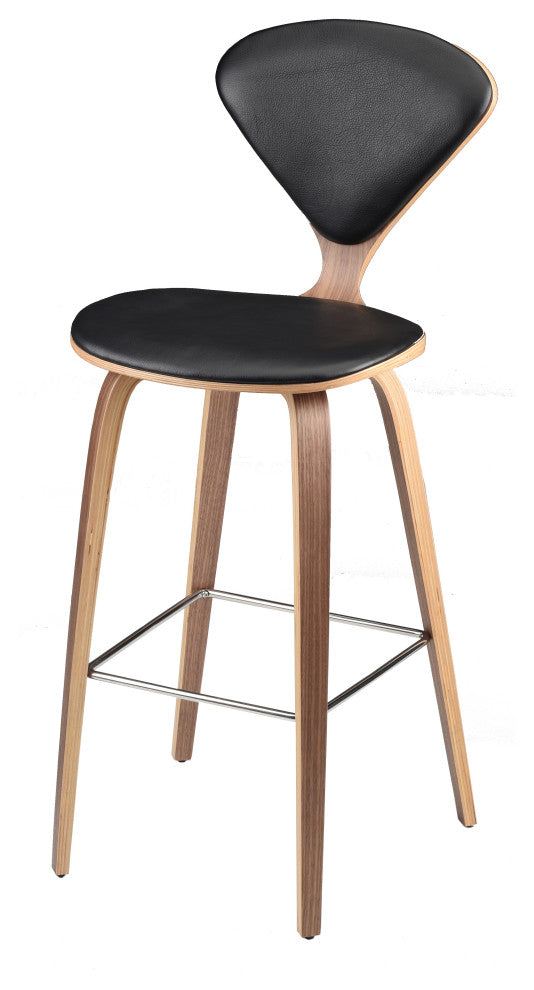 Satine Bar Stool, Molded Plywood Barstool, Black Leather Seat, Walnut Frame