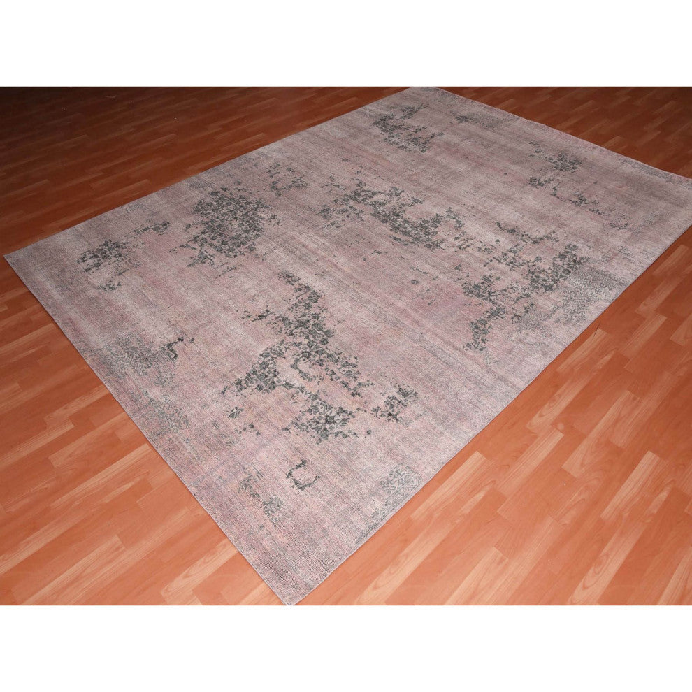 Pink and Gray, Hand Knotted Erased Persian Design, Pure Silk Rug, 8'9"x12'2"