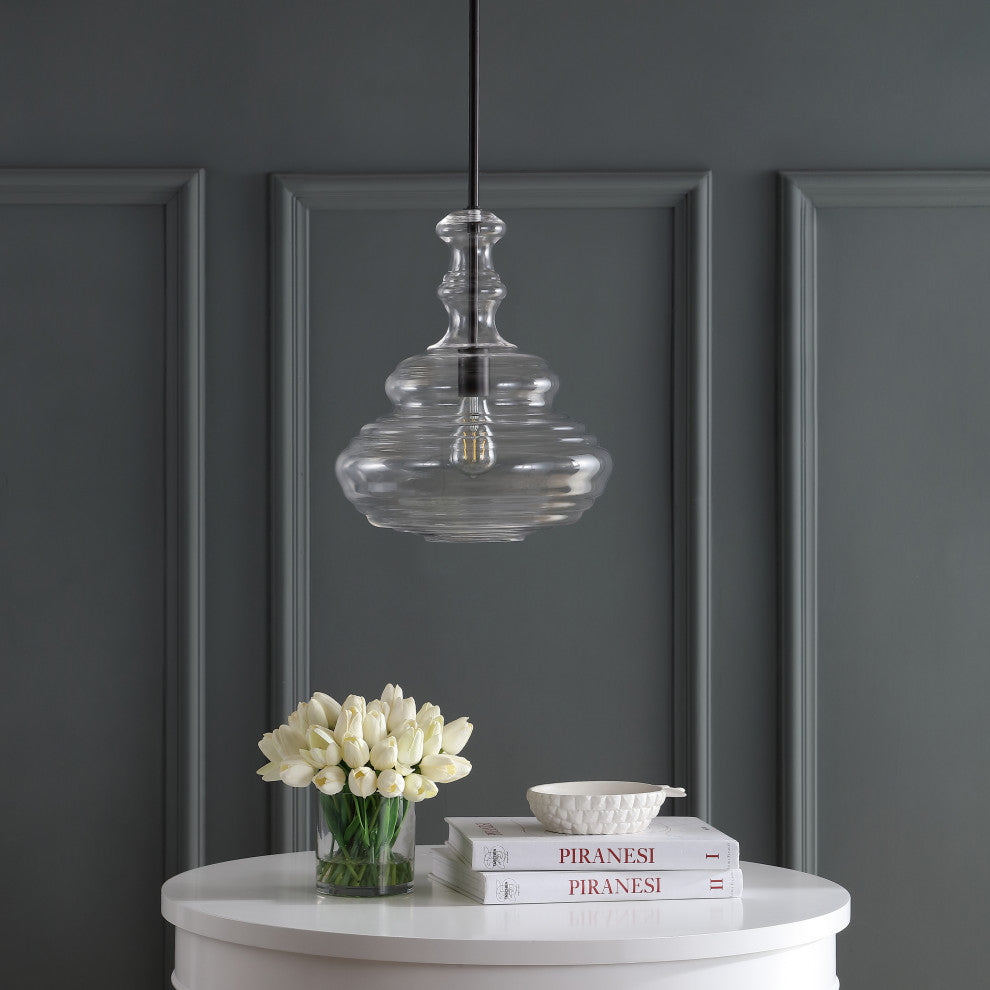 Bettina 13.37" Glass and Metal LED Pendant, Clear, Oil Rubbed Bronze