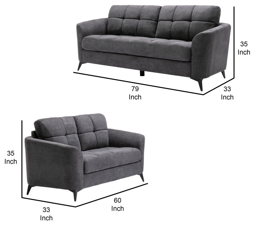 Benzara BM287970 Odin 2 Piece Sofa and Loveseat Set, Tufted Cushions, Gray