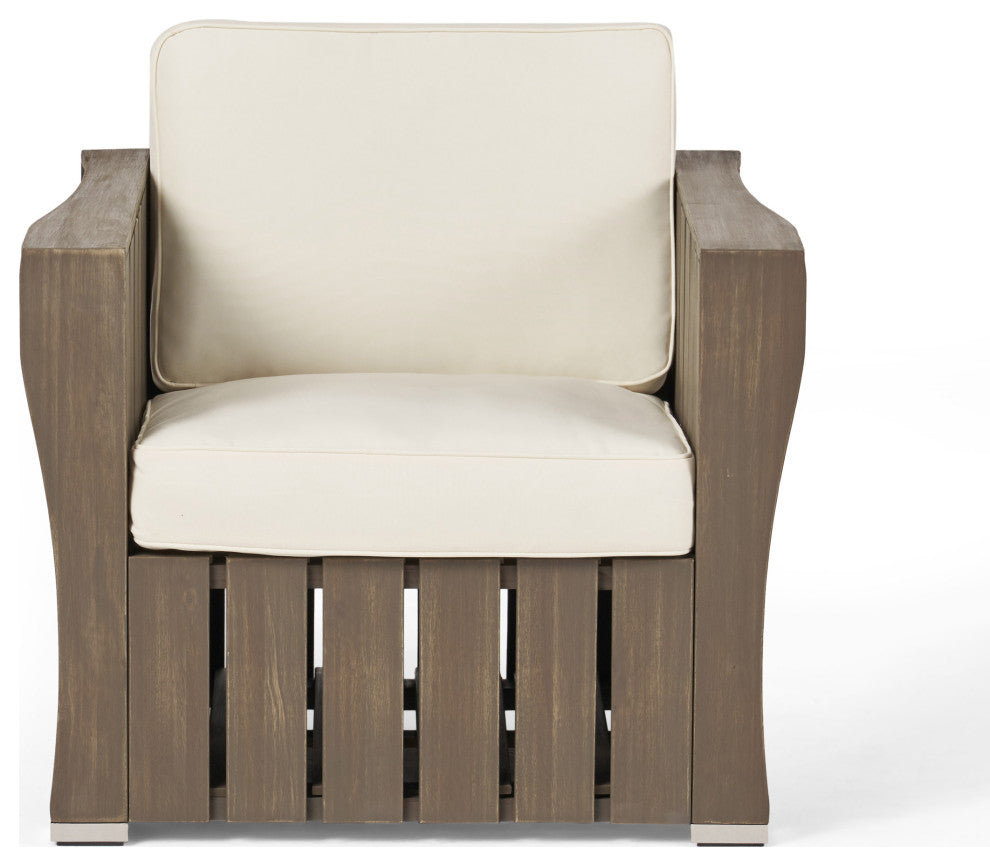 GDF Studio Edward Outdoor Acacia Wood Club Chairs With Cushions, Set of 2, Gray/Cream