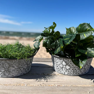 2 Piece Embossed Grey Metal Planter Set