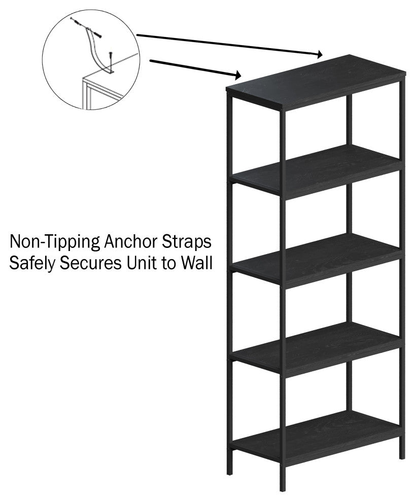 5-Tier Bookshelf Open Industrial Style Etagere Wooden Rustic Shelving Unit