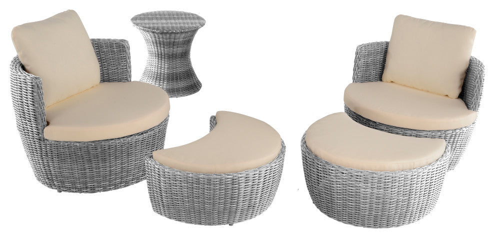 Romantic Collection outdoor furniture set, Grey Frame Beige Cushion, 2 Chair 2 Ottoman 1 End Table Set
