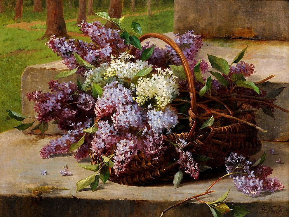 Tile Mural Still Lilacs in A Basket By Marie Nyl-Frosch, 6"x8", Glossy