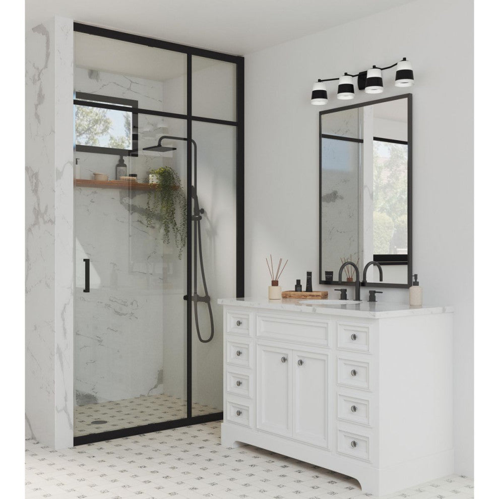 Haven Collection Four-Light Matte Black Opal Glass Luxe Industrial Bath Light