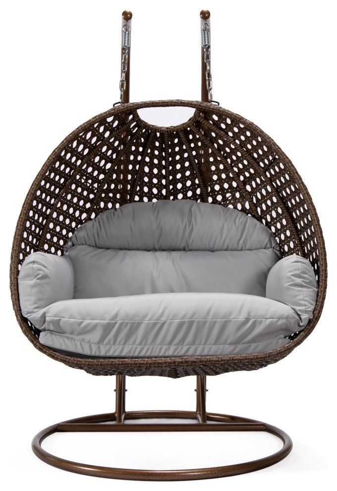 LeisureMod Mendoza Dark Brown Wicker Hanging Double Egg Swing Chair, Light Gray