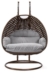 LeisureMod Mendoza Dark Brown Wicker Hanging Double Egg Swing Chair, Light Gray