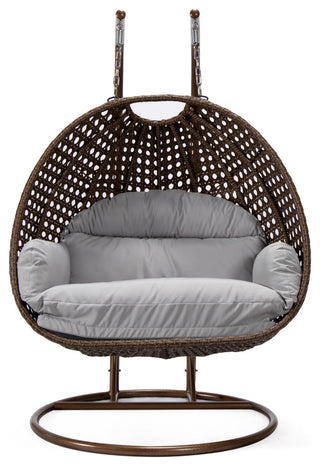 LeisureMod Mendoza Dark Brown Wicker Hanging Double Egg Swing Chair, Light Gray