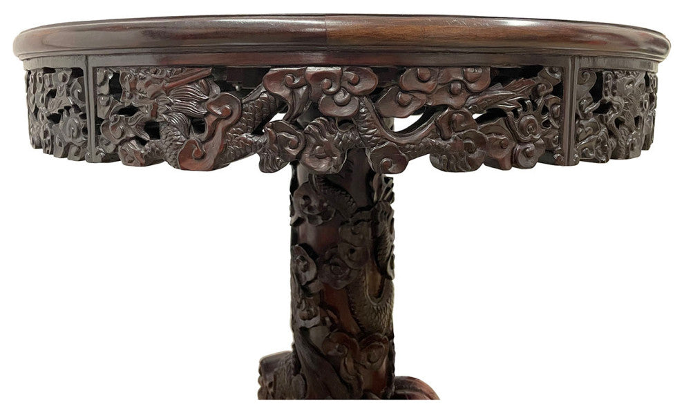Consigned 20 Century Chinese Marble Top Hardwood Carved Round Dinning Table set