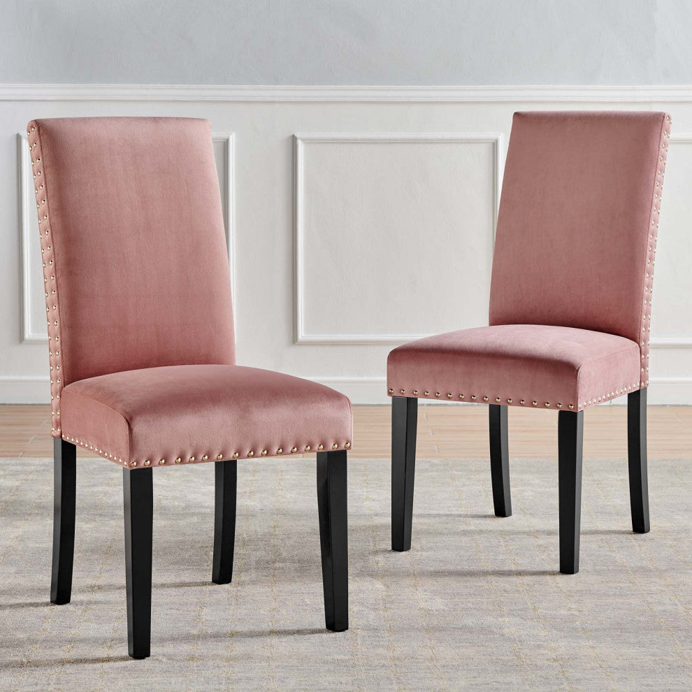 Side Dining Chair, Set of 2, Velvet, Wood, Pink, Modern, Cafe Bistro Restaurant