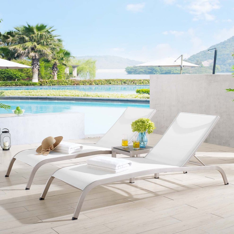 Lounge Chair Chaise Table Set, Aluminum, Metal, White, Modern, Outdoor Patio